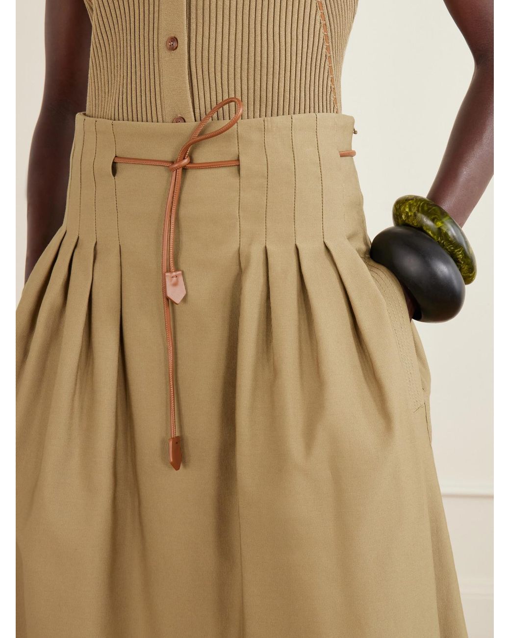 Max Mara Natural Tempio Belted Pleated Leather-Trimmed Cotton Midi Skirt