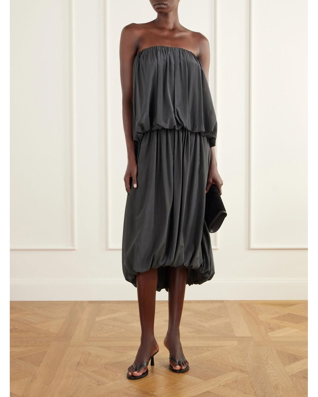 St. Agni Black Balloon Strapless Gathered Chiffon Top