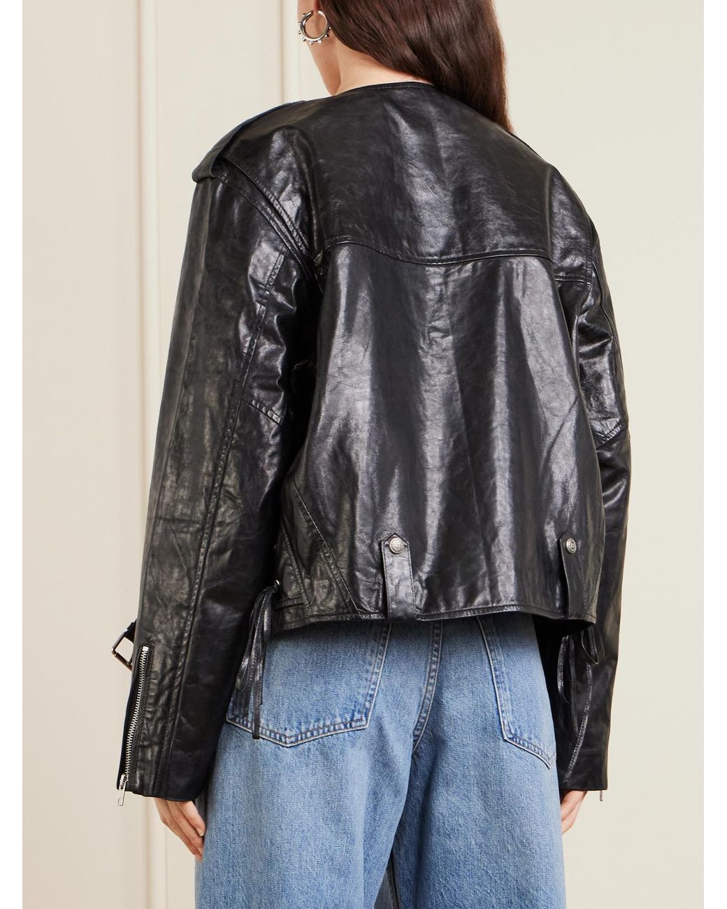 R13 Black Belted Embellished Leather Biker Jacket