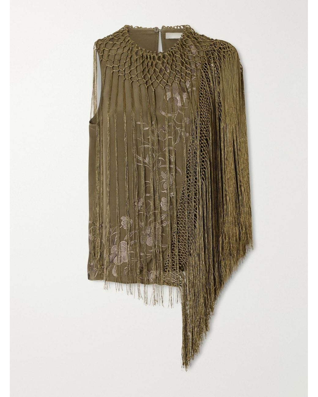 Ulla Johnson Green Willa Fringed Embroidered Silk-Crepe De Chine Blouse