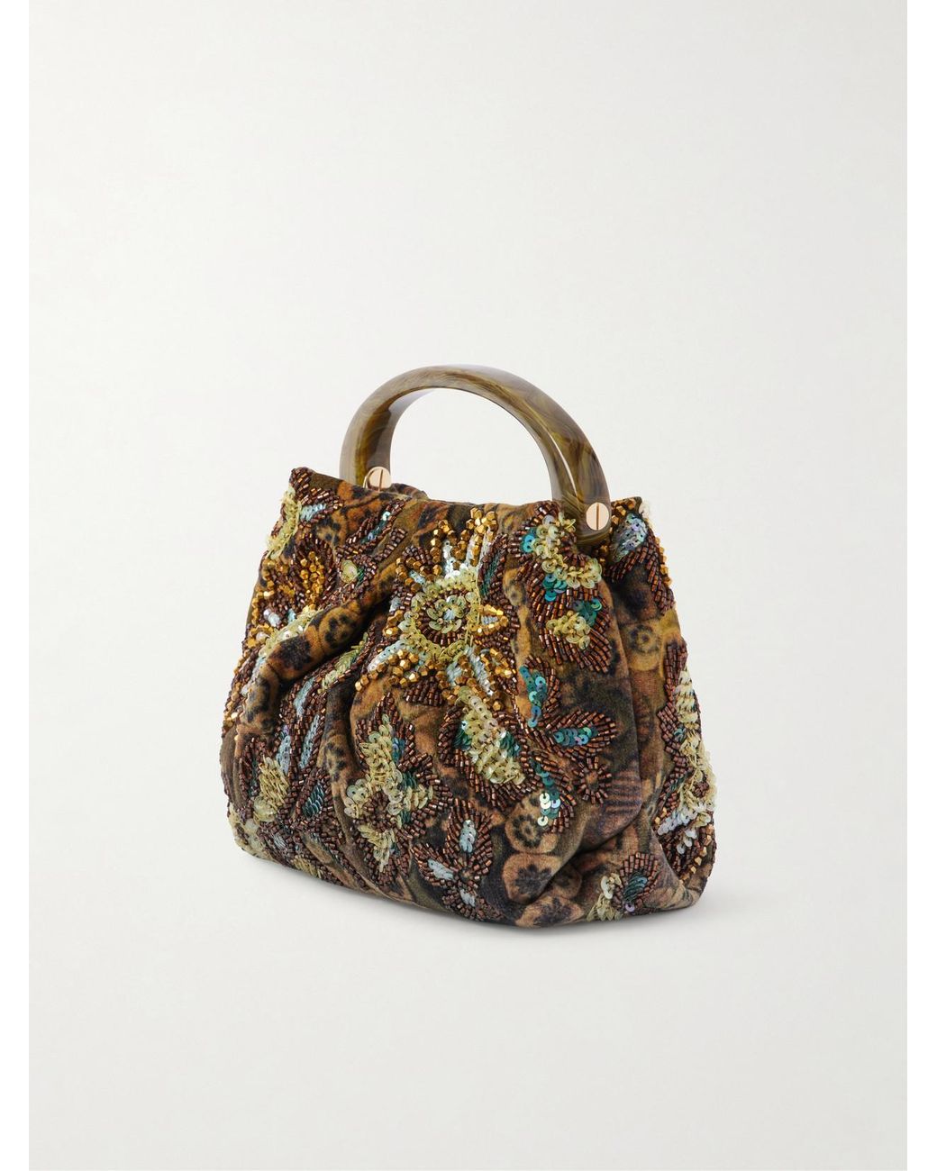 Dries Van Noten Green Bead-Embellished Printed Leather-Trimmed Velvet Shoulder Bag