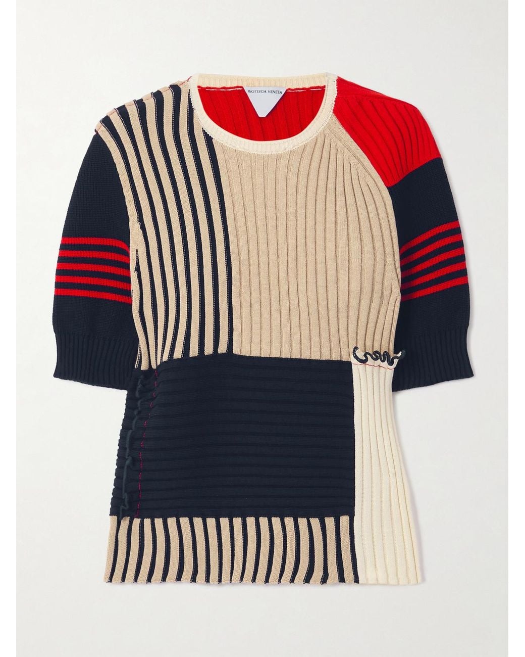 Bottega Veneta Blue Patchwork Ruffled Striped Ribbed Cotton Sweater