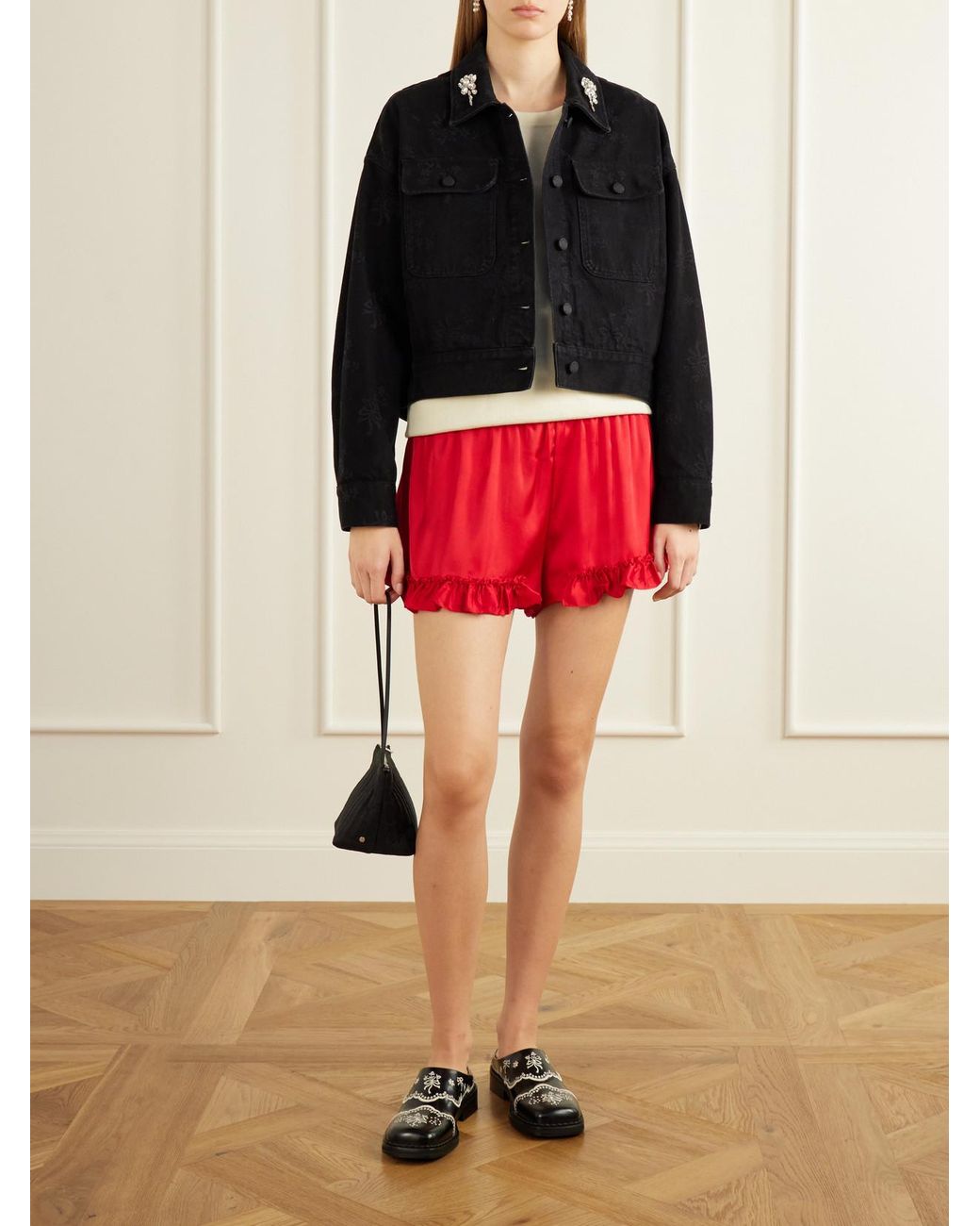 Simone Rocha Black Crystal-Embellished Floral-Print Denim Jacket