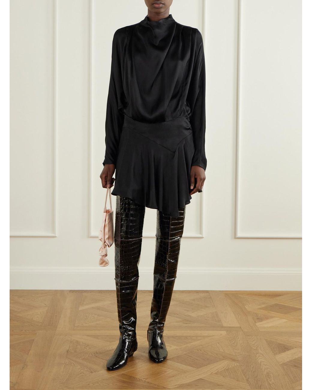 Magda Butrym Black Paneled Croc-Effect Leather Over-The-Knee Boots