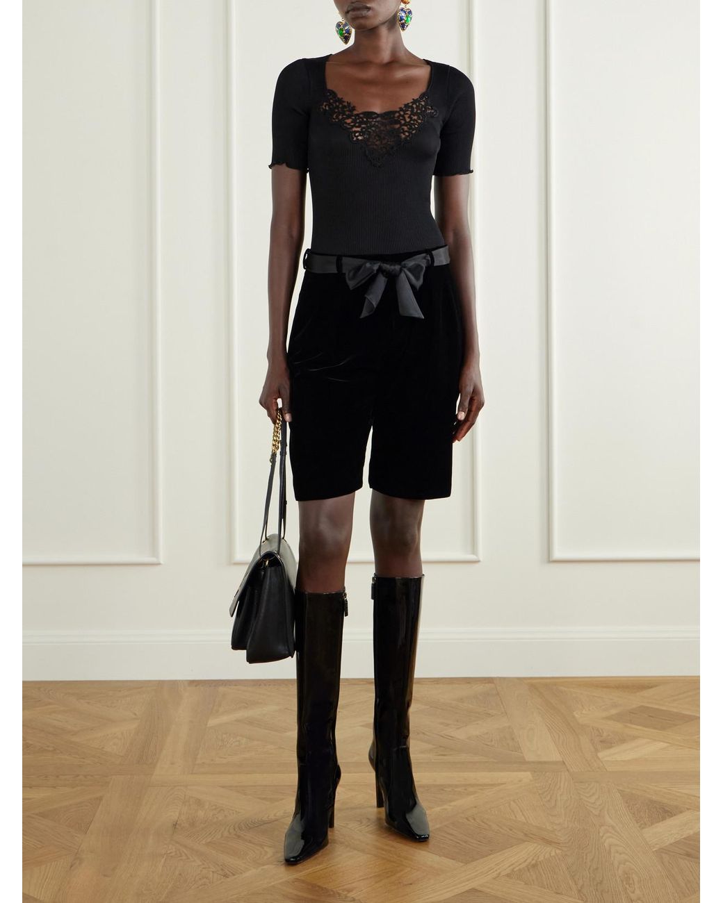 Saint Laurent Black Françoise 95 Paneled Patent-Leather Knee Boots