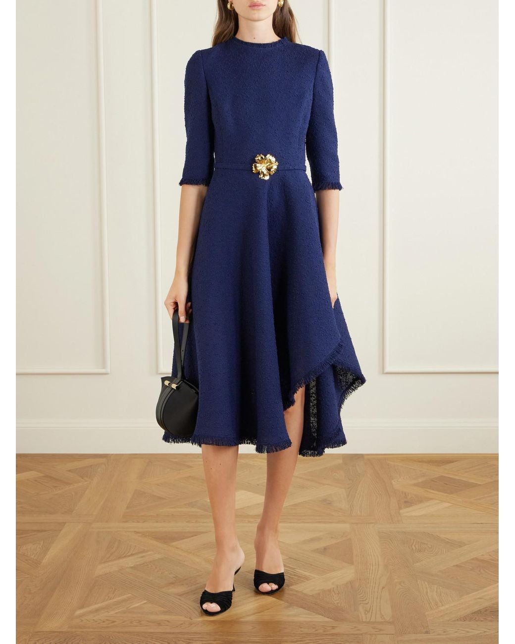 Oscar de la Renta Blue Embellished Tweed Midi Dress