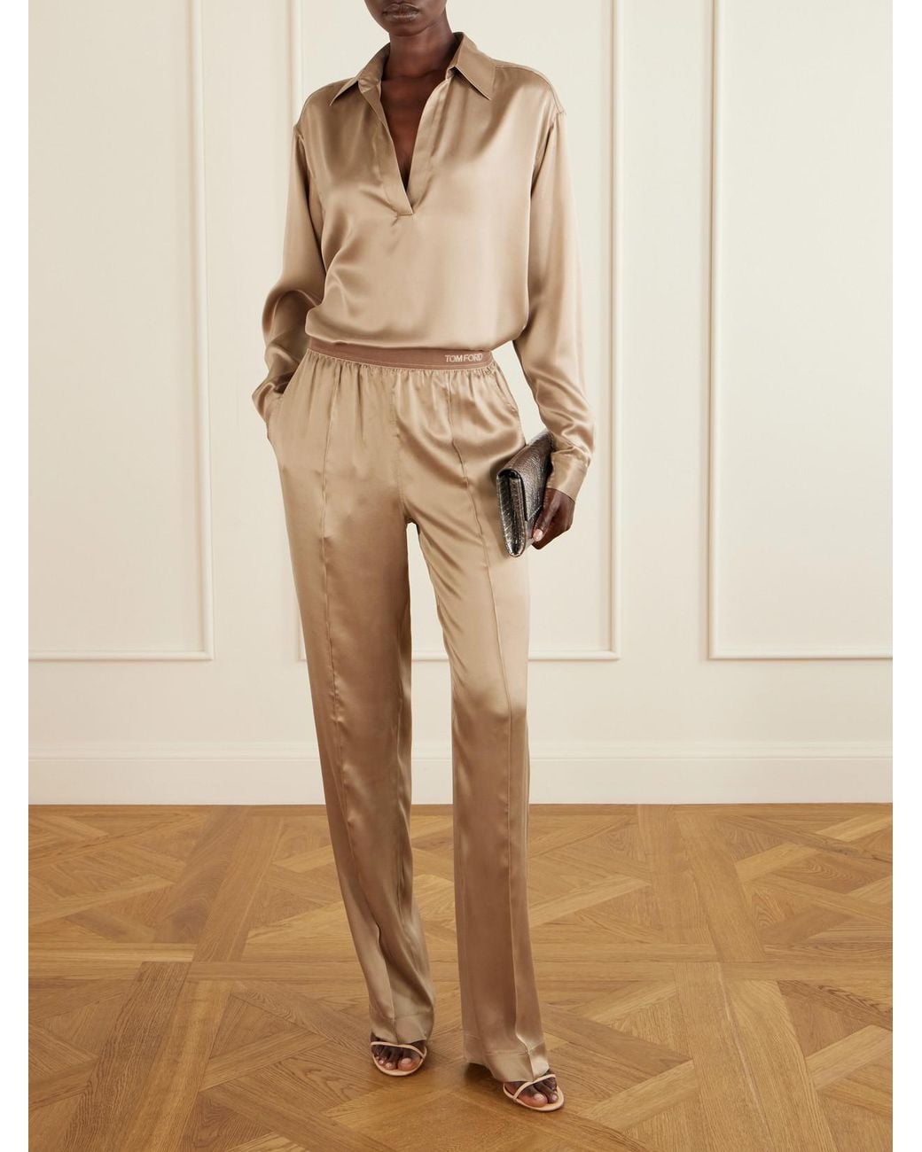 Tom Ford Natural Logo-Embroidered Velvet-Trimmed Silk-Satin Straight-Leg Pants