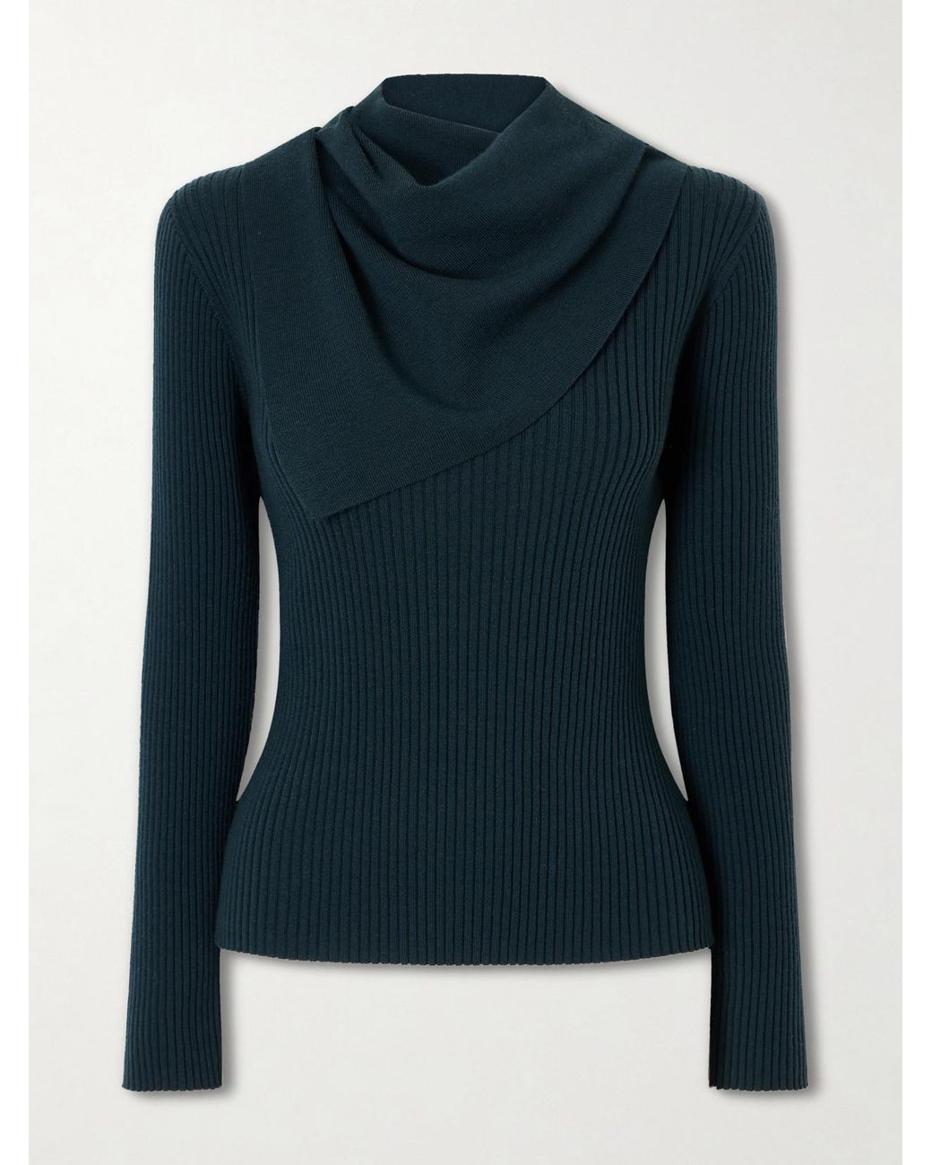 Zimmermann Blue Valiant Scarf-Detailed Ribbed-Knit Wool Sweater