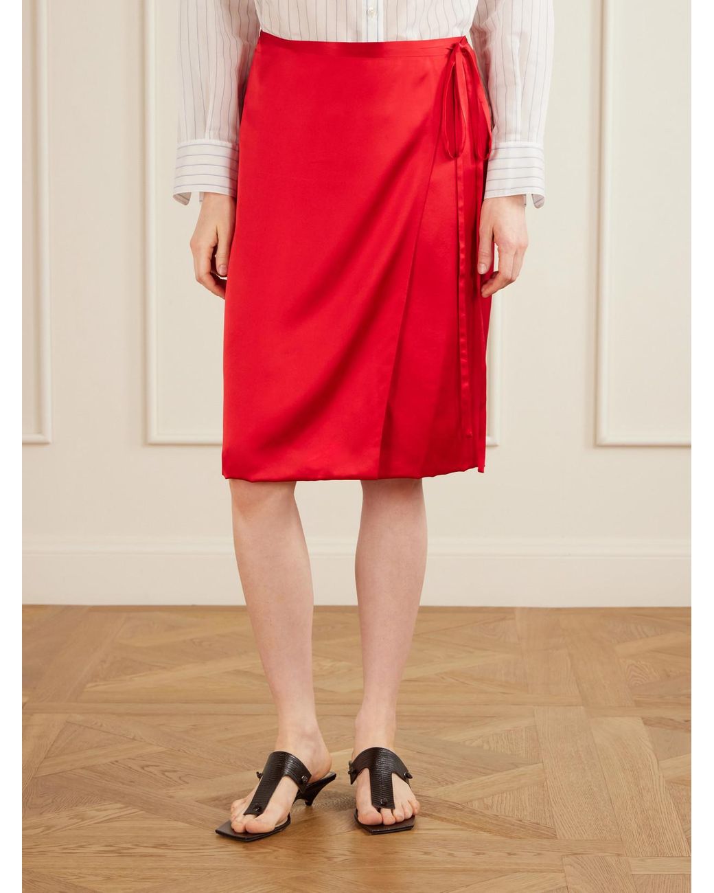 Aflalo Red Rixa Satin Wrap Midi Skirt