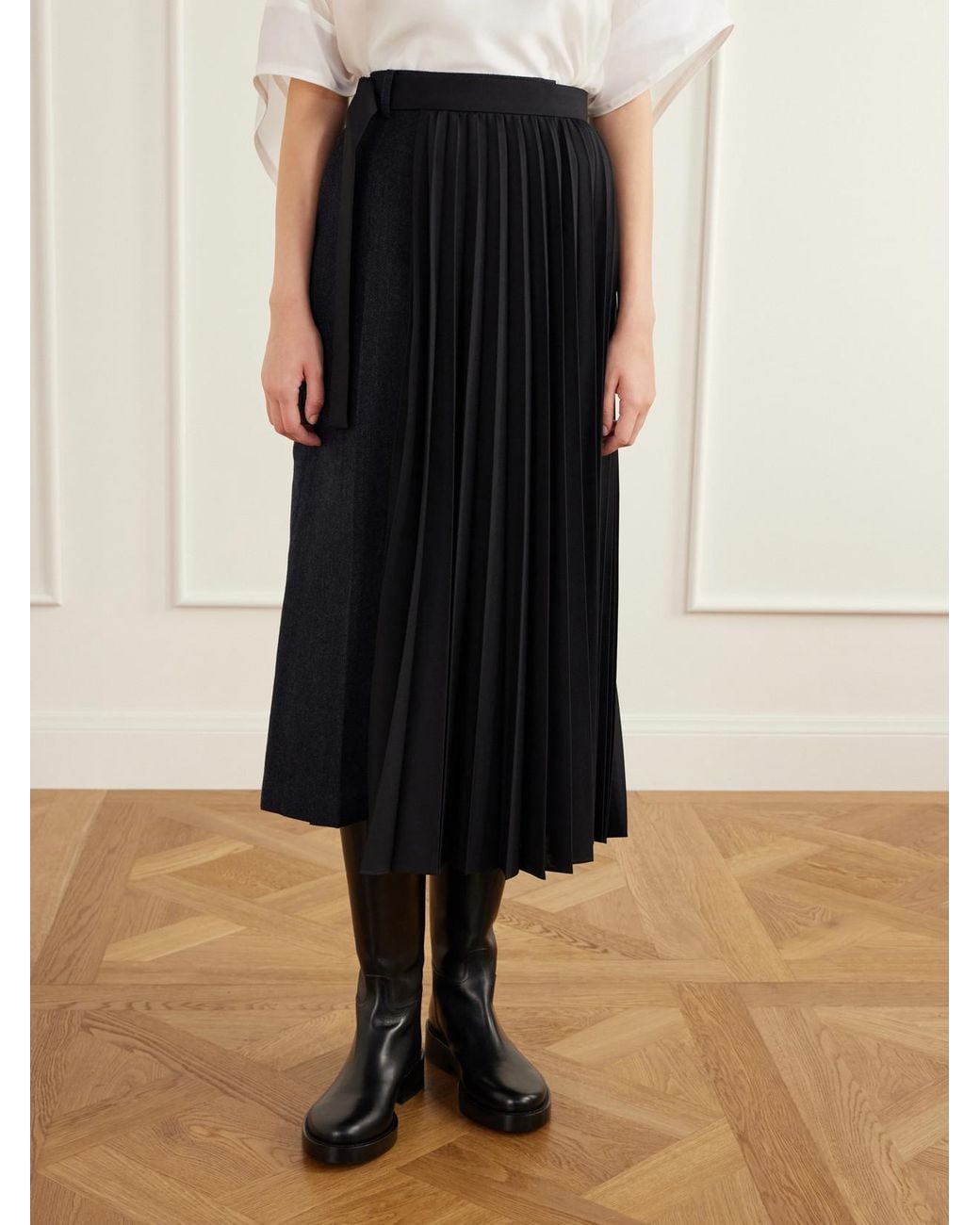 Sacai Black Pleated Herringbone Wool-Blend Midi Skirt