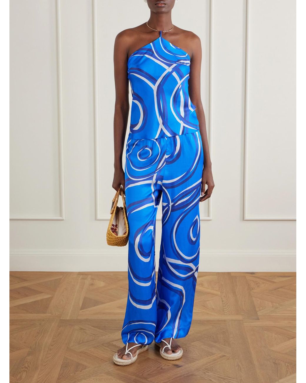 Themis Z Blue Elysia Asymmetric Printed Silk-Blend Satin Top