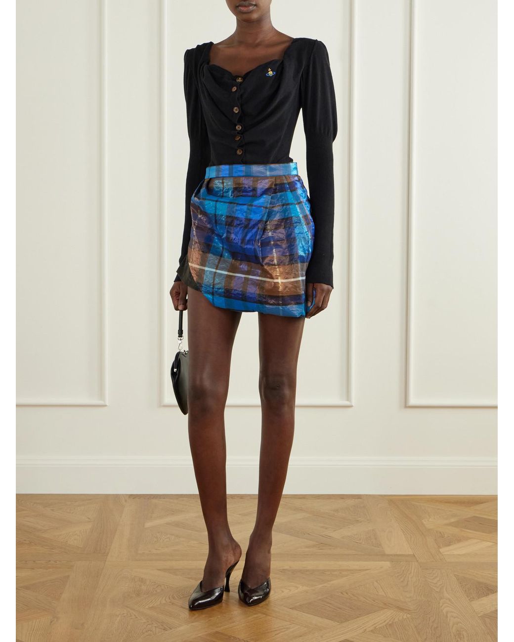 Vivienne Westwood Blue Zora Asymmetric Pleated Checked Twill Mini Skirt
