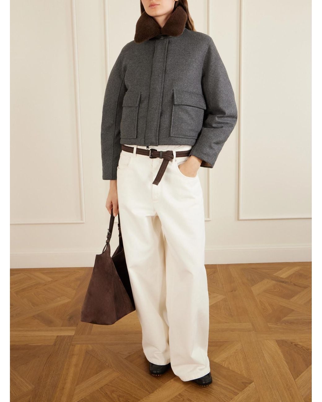 Brunello Cucinelli Gray Shearling-Trimmed Padded Wool And Cashmere-Blend Down Jacket