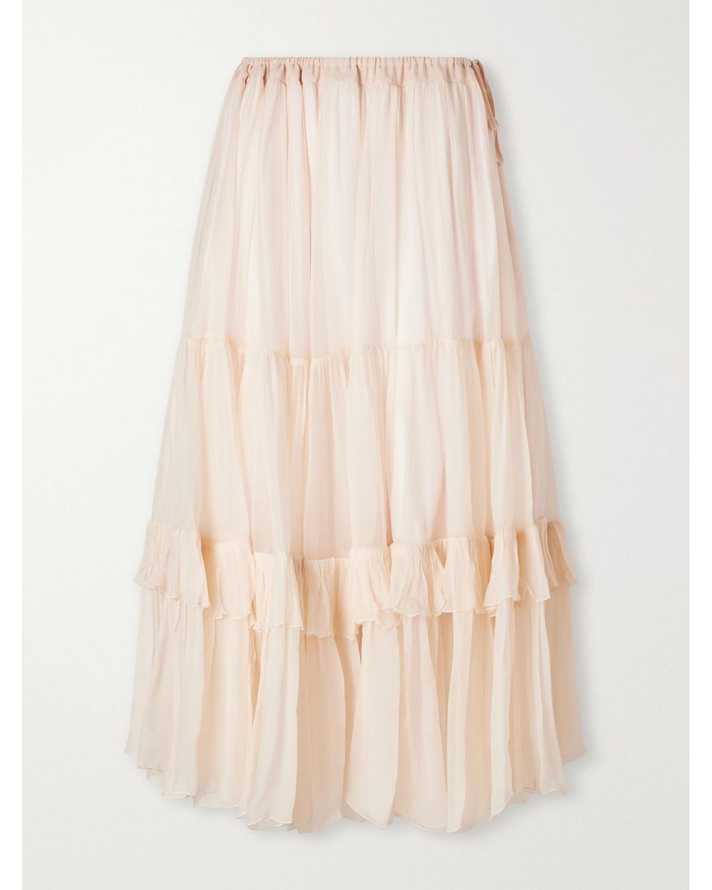 Chloé Natural Tiered Ruffled Silk-Mousseline Midi Skirt