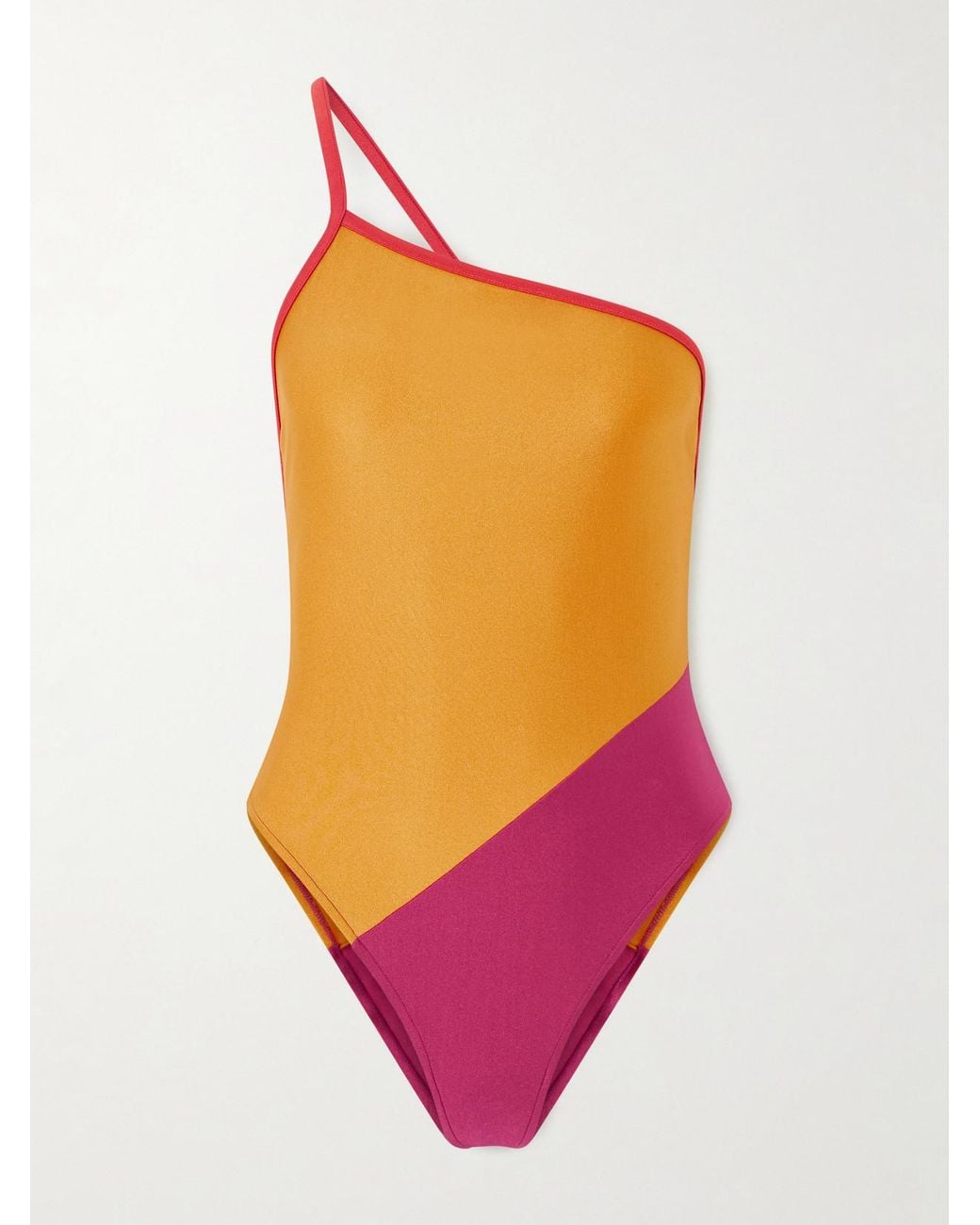 Saint Laurent Pink One-Shoulder Color-Block Swimsuit