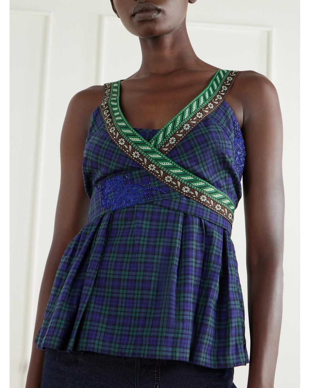 Dries Van Noten Blue Embellished Wrap Checked Cotton Top