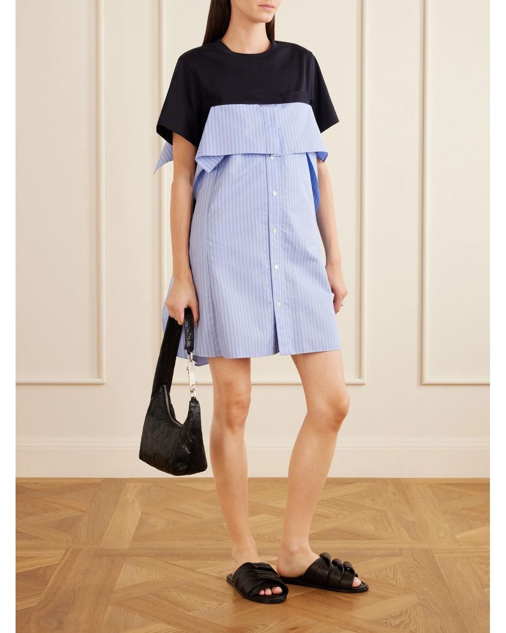 Sacai Blue Paneled Ruffled Cotton-Jersey And Poplin Mini Dress