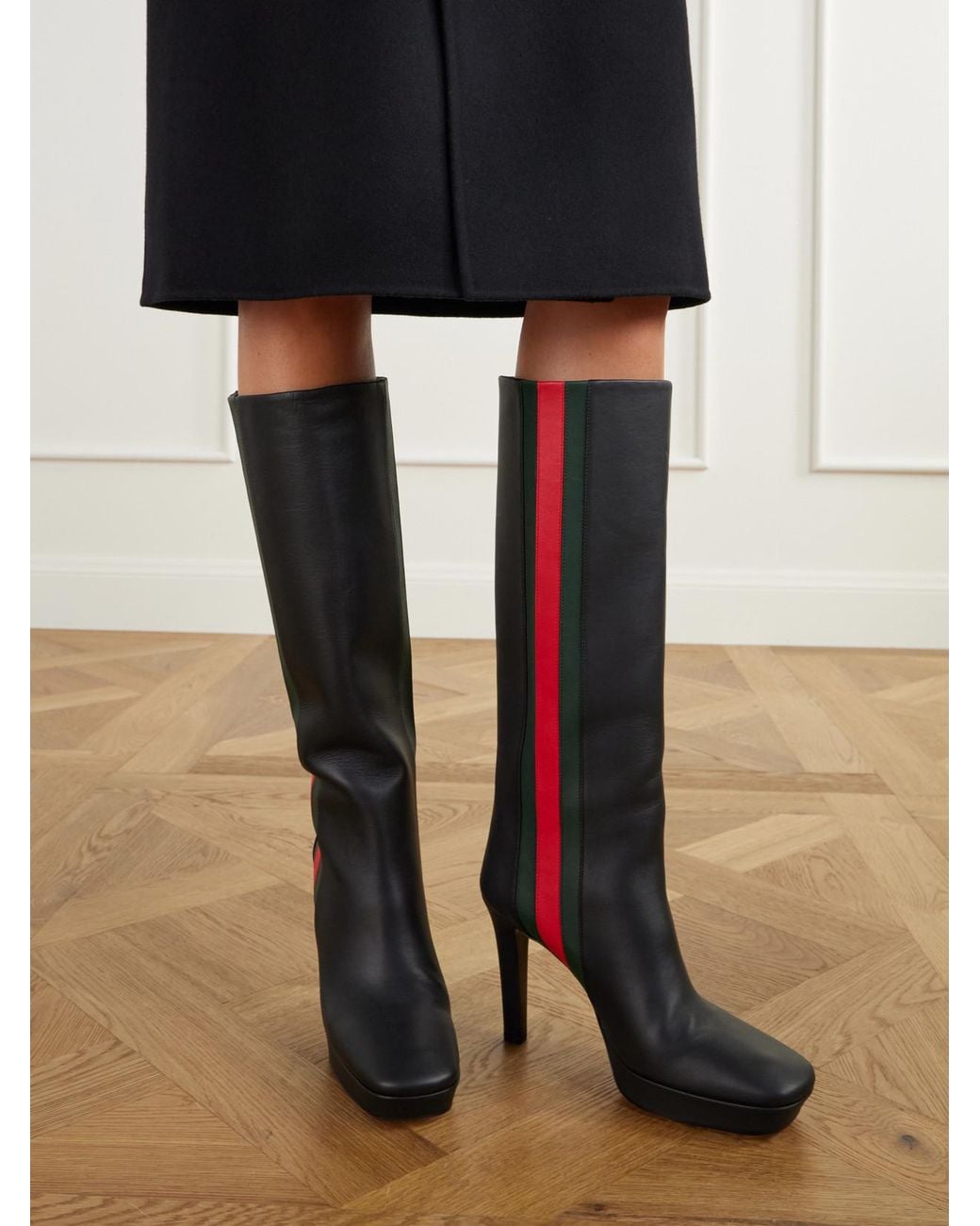 Gucci White Galleria 115 Web-Trimmed Leather Knee Boots