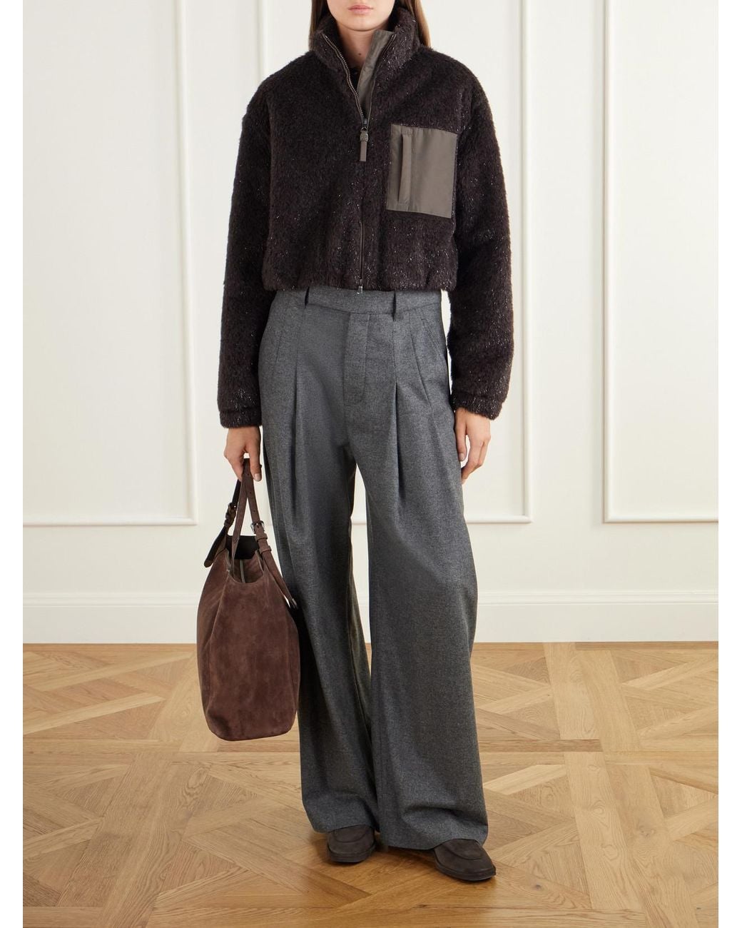 Brunello Cucinelli Gray Pleated Wool And Cashmere-Blend Woven Wide-Leg Pants
