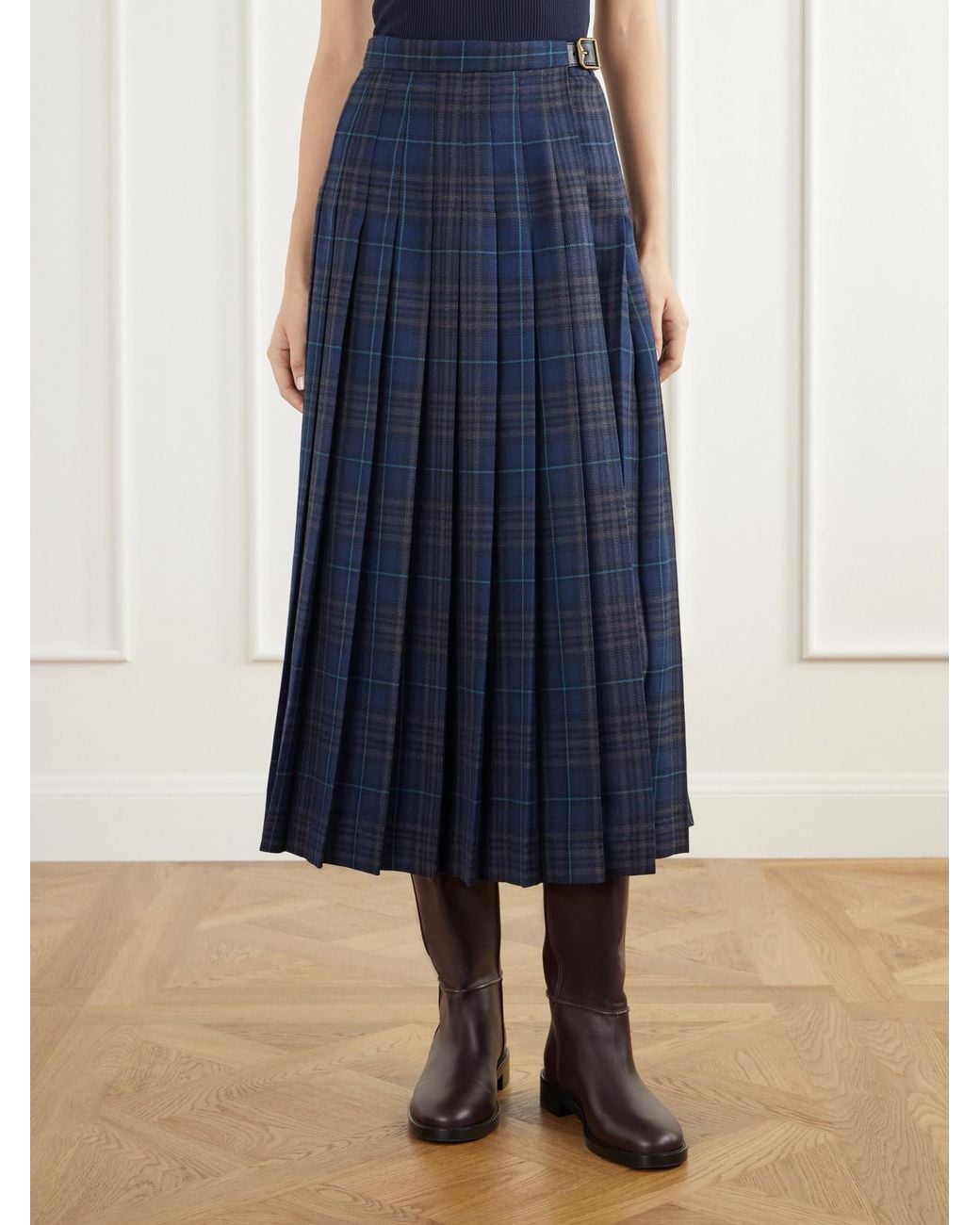 Burberry Blue Elydia Belted Pleated Checked Wool-Blend Twill Midi Skirt
