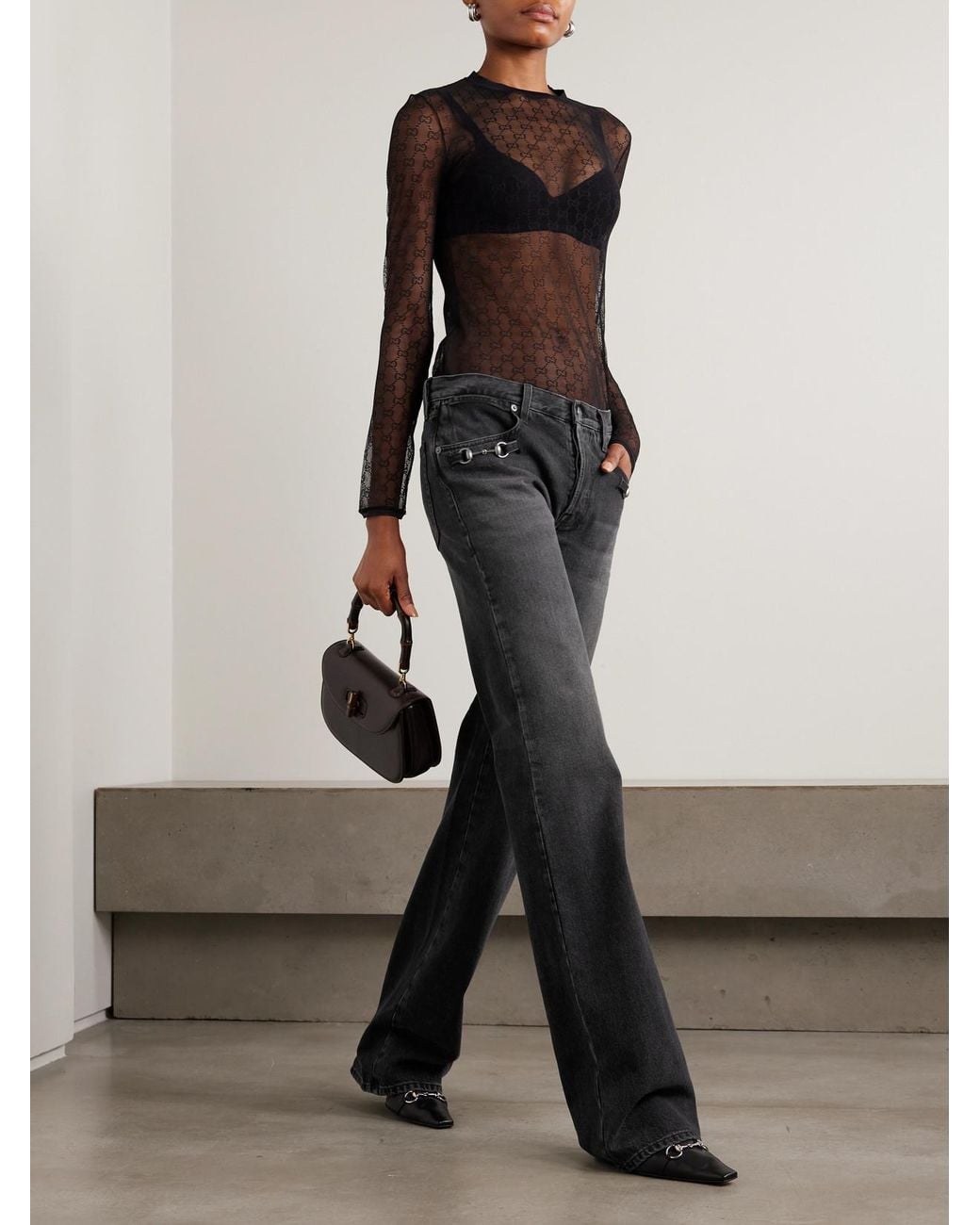 Gucci Black Horsebit-Detailed Low-Rise Bootcut Jeans