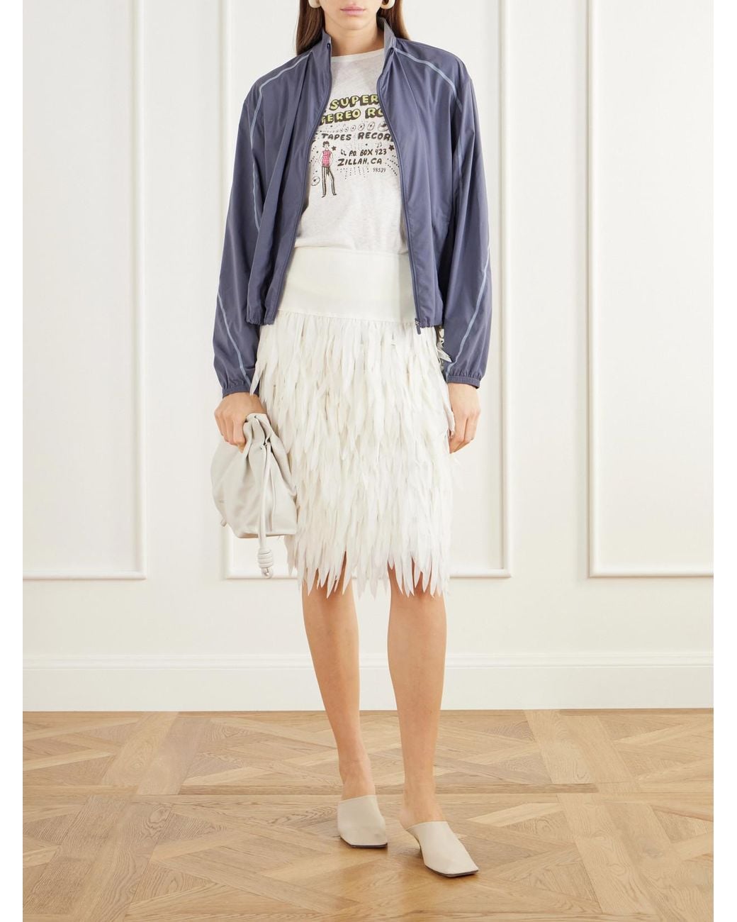 St. Agni White Rib-Trimmed Fringed Chiffon Midi Skirt
