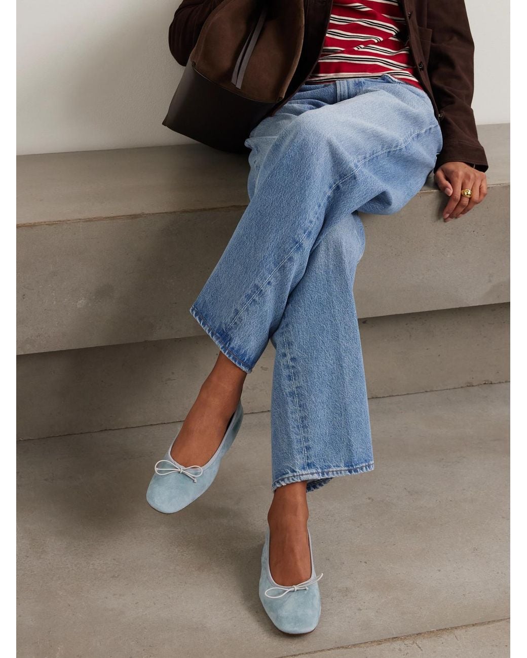 Aeyde Blue Tiby Bow-Detailed Suede Ballet Flats