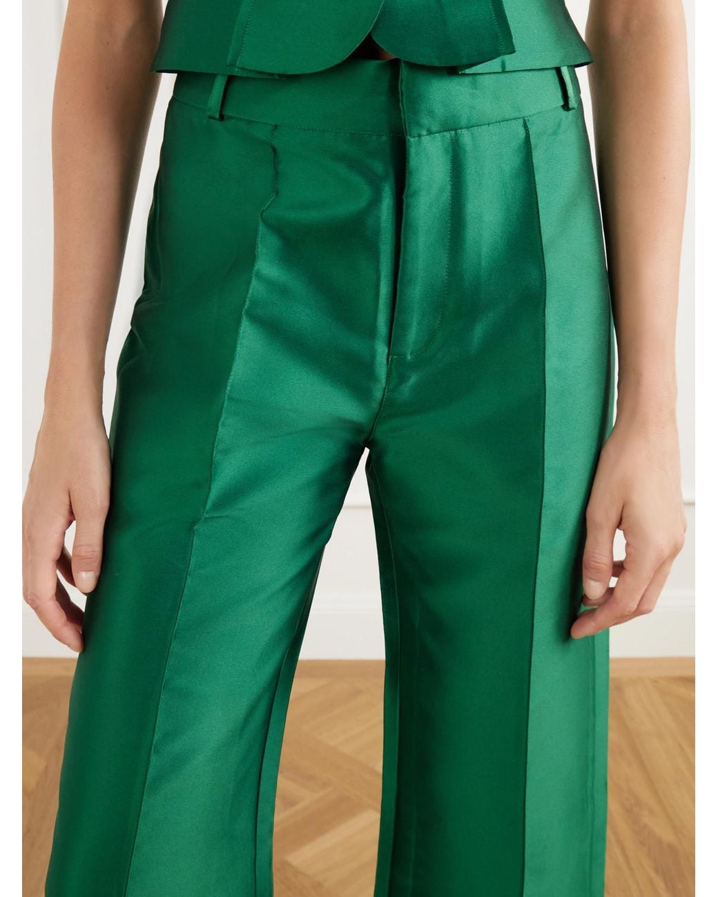 D'Estree Green Yoshitomo Pintucked Taffeta Straight-Leg Pants