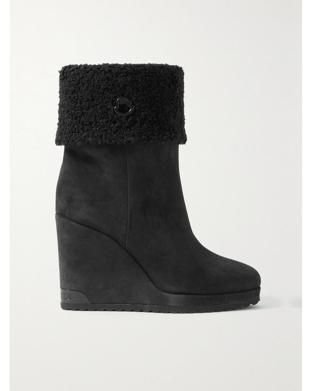 Moncler Black W Short Plush-Lined Suede Wedge Ankle Boots