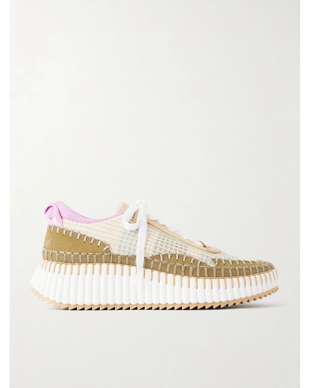 Chloé Natural Nama Embroidered Suede And Recycled-Mesh Sneakers