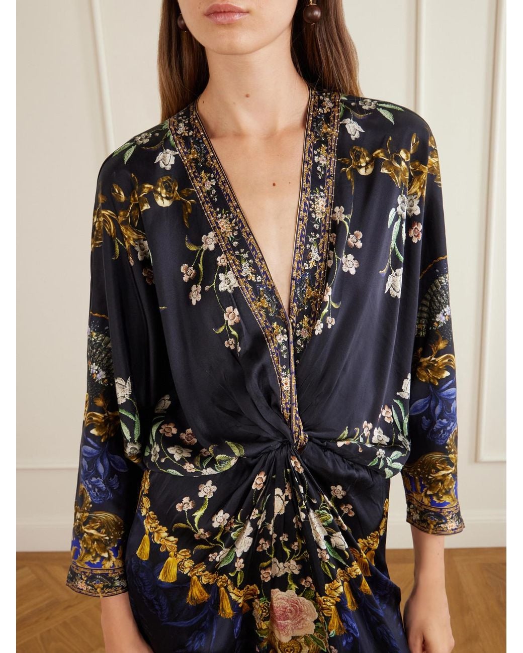 Camilla Blue Gathered Embellished Printed Silk Maxi Dress
