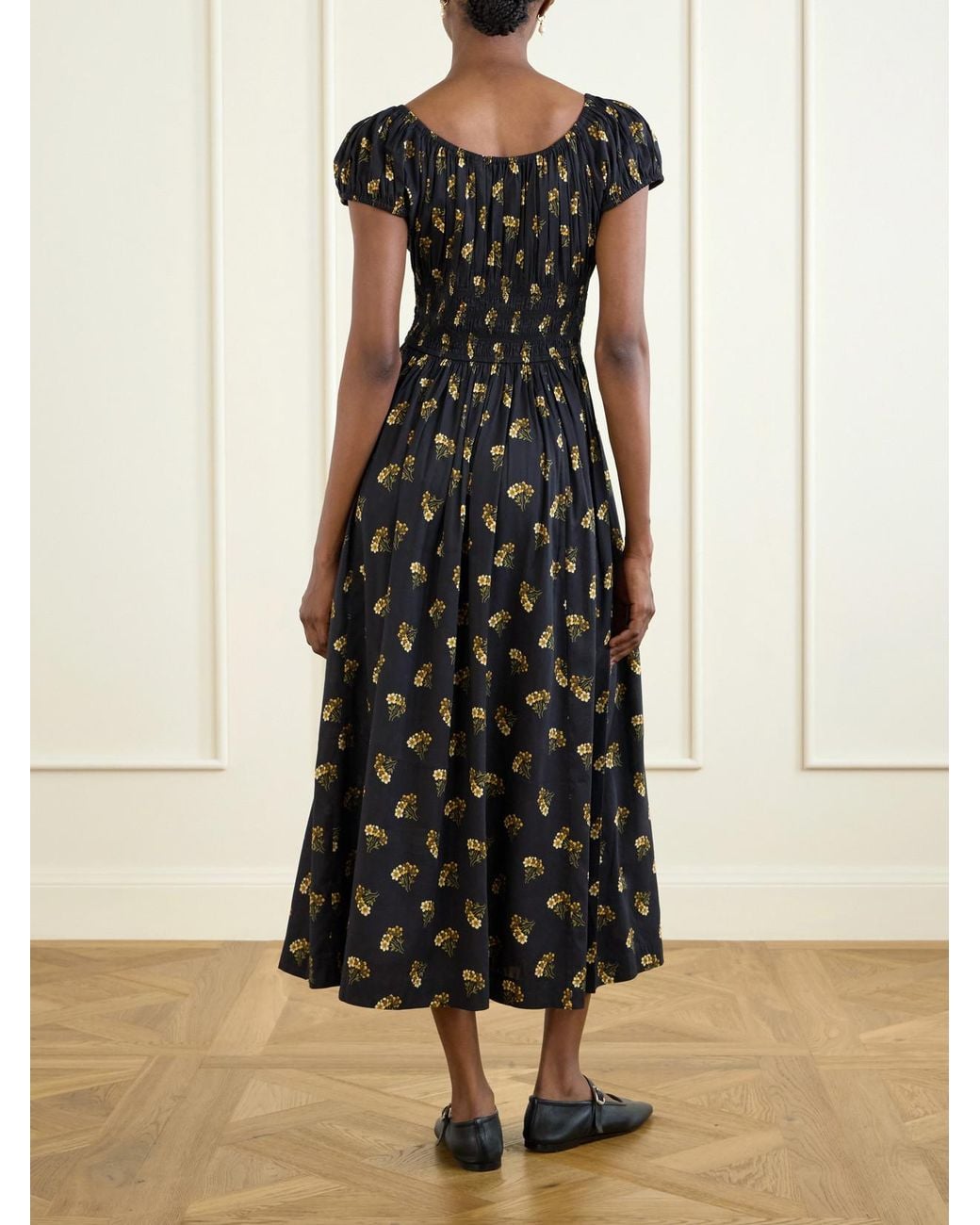 Doen Black Quinley Shirred Floral-Print Cotton-Blend Poplin Midi Dress