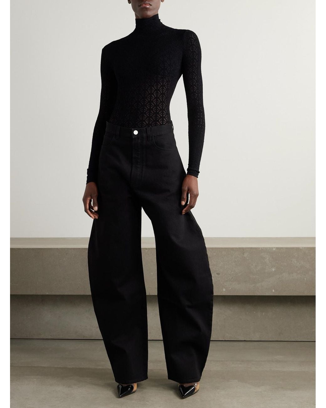 Alaïa Black Open-Knit Turtleneck Bodysuit