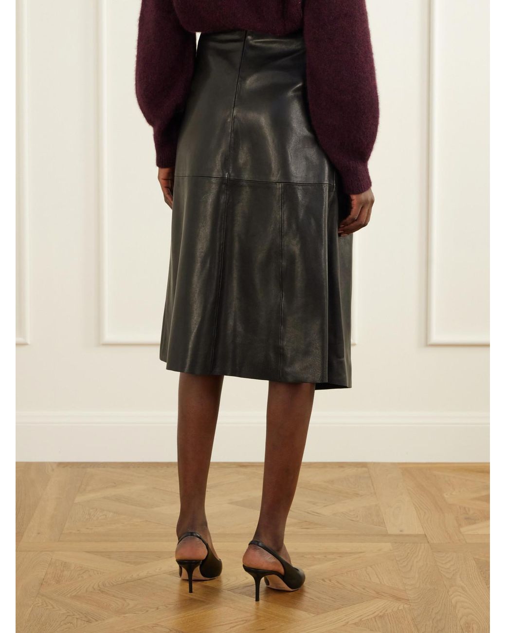Nour Hammour Black Viret Knotted Paneled Leather Midi Skirt