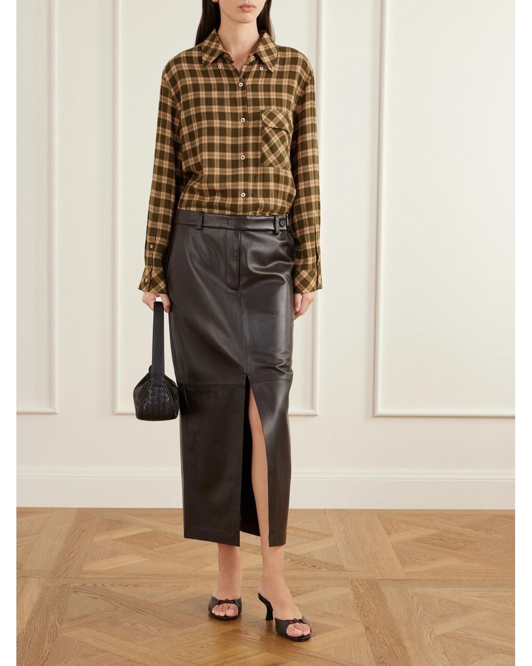 Co. Black Double-Slit Leather Midi Skirt