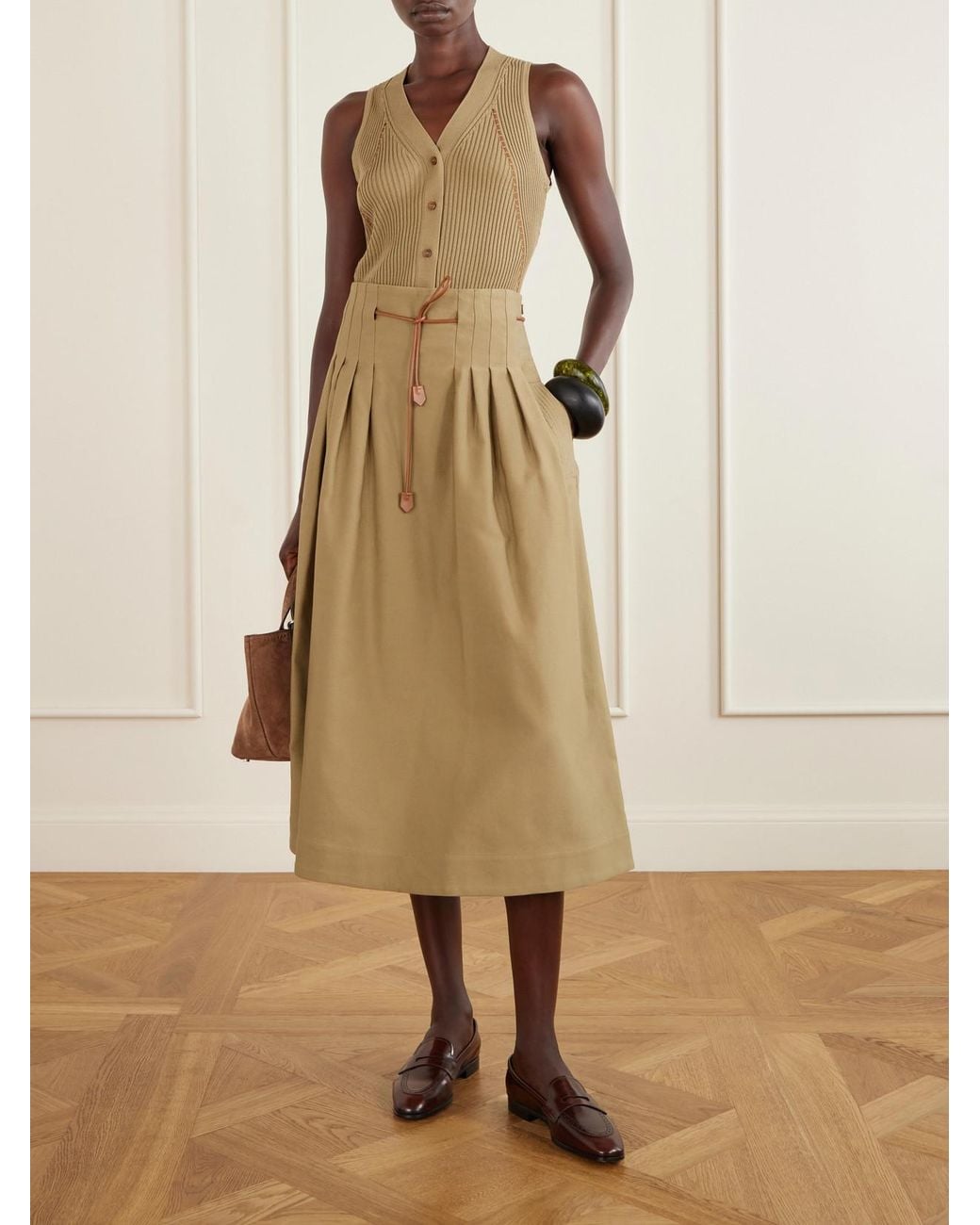 Max Mara Natural Tempio Belted Pleated Leather-Trimmed Cotton Midi Skirt