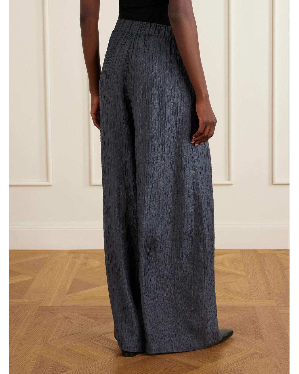 Cortana Blue Anhelo Crinkled Silk-Charmeuse Wide-Leg Pants