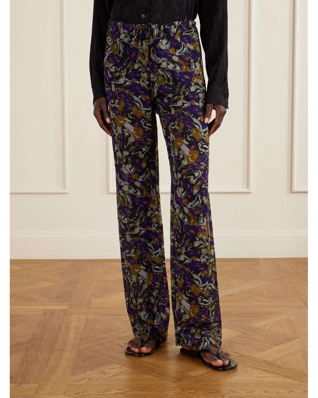 Dries Van Noten Blue Printed Georgette Straight-Leg Pants