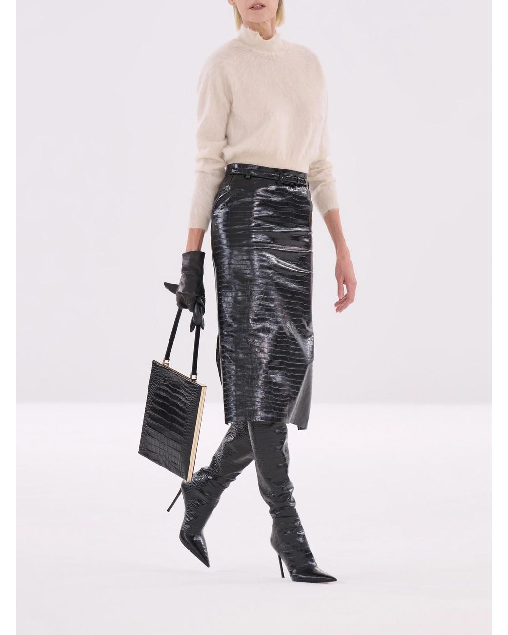 Tom Ford Black Belted Croc-Effect Leather Midi Skirt