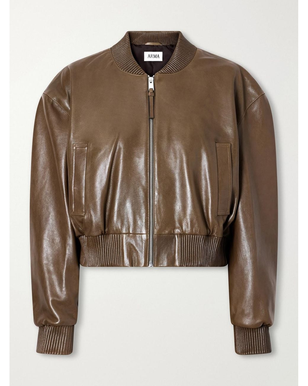 Arma Brown Hannan Cropped Leather Bomber Jacket