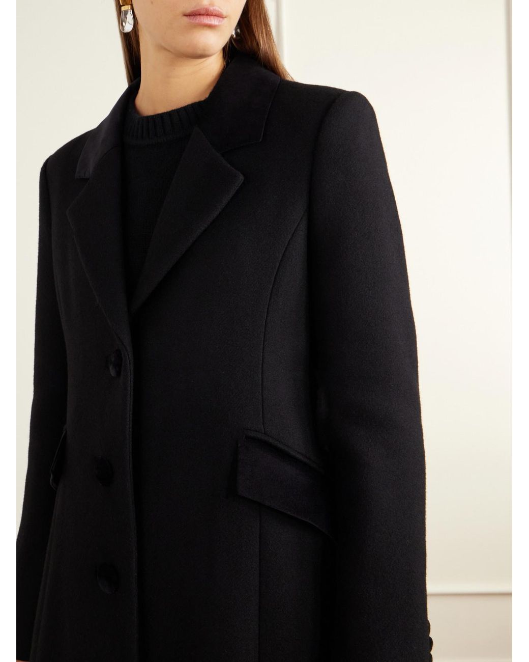 D'Estree Black Maria Velvet-Trimmed Wool-Felt Coat