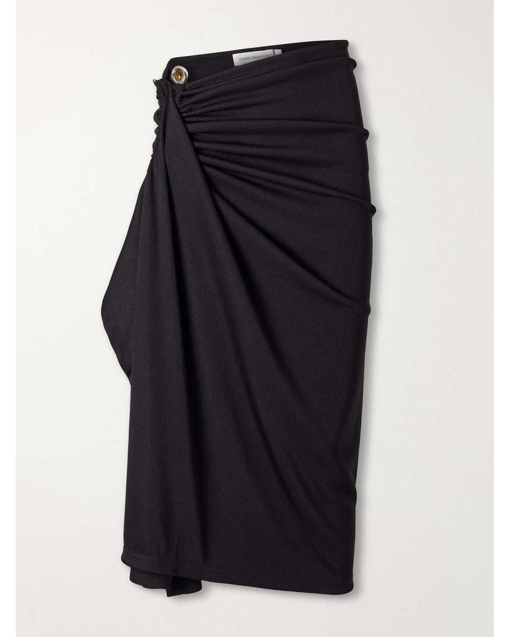 Christopher Esber Black Droplet Crystal Clasp Cascade Embellished Ribbed Midi Skirt