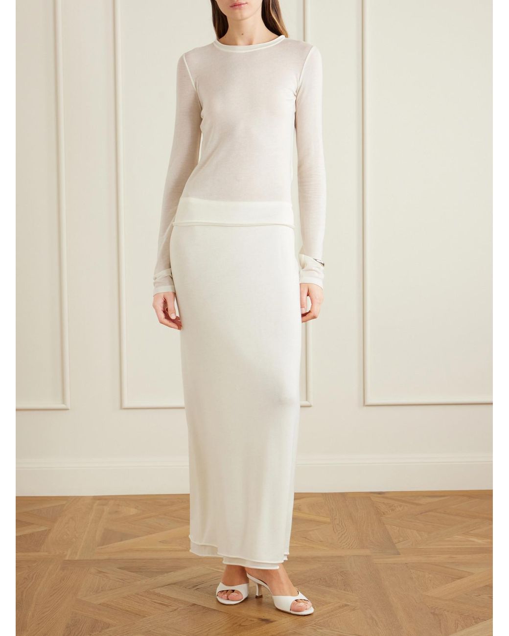 Colleen Allen White Stretch Tencel Modal, Silk And Cashmere-Blend Maxi Skirt
