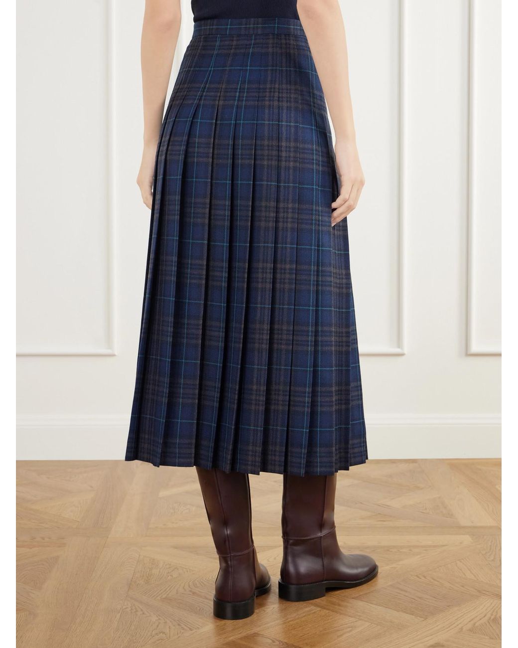 Burberry Blue Elydia Belted Pleated Checked Wool-Blend Twill Midi Skirt