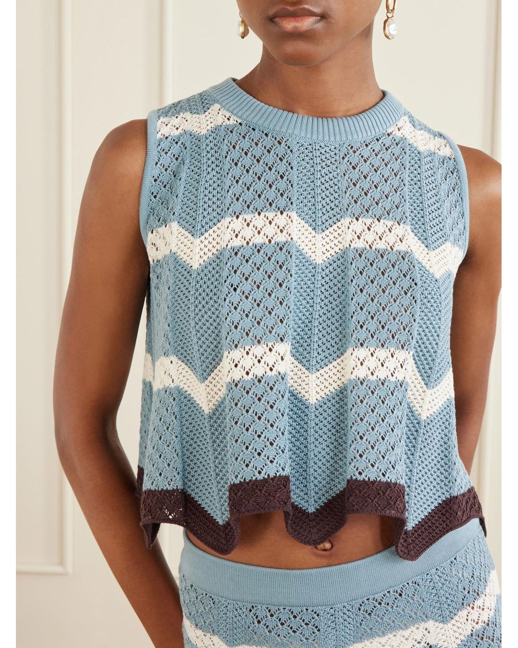 LaDoubleJ Blue Scalloped Striped Pointelle-Knit Cotton Tank