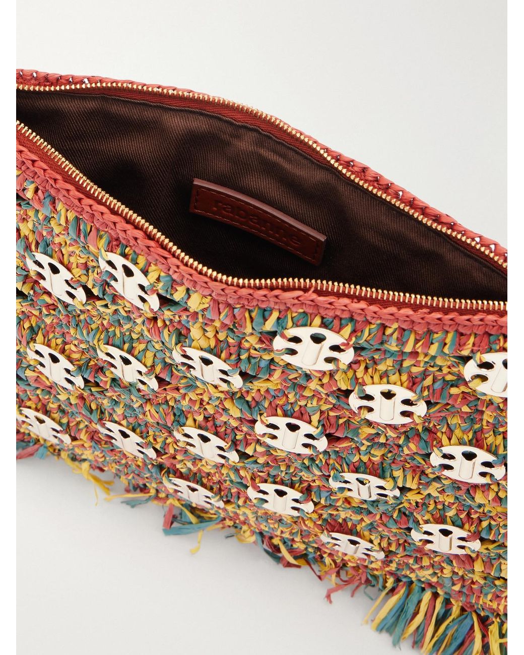Rabanne Multicolor Leather-Trimmed Fringed Woven Raffia Clutch