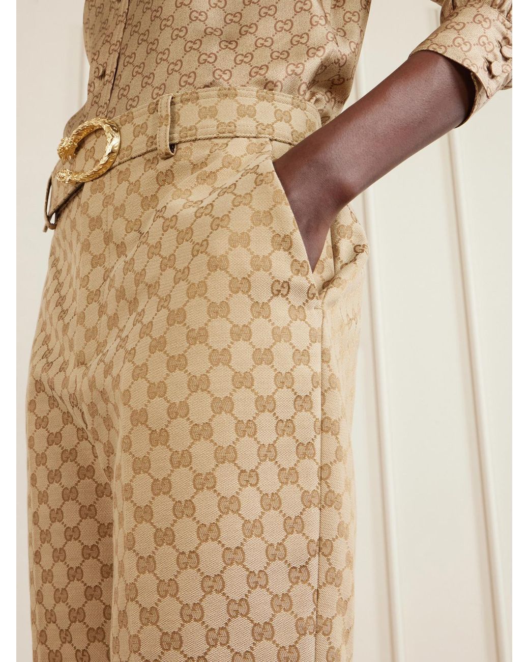 Gucci Natural Belted Canvas-Jacquard Bootcut Pants