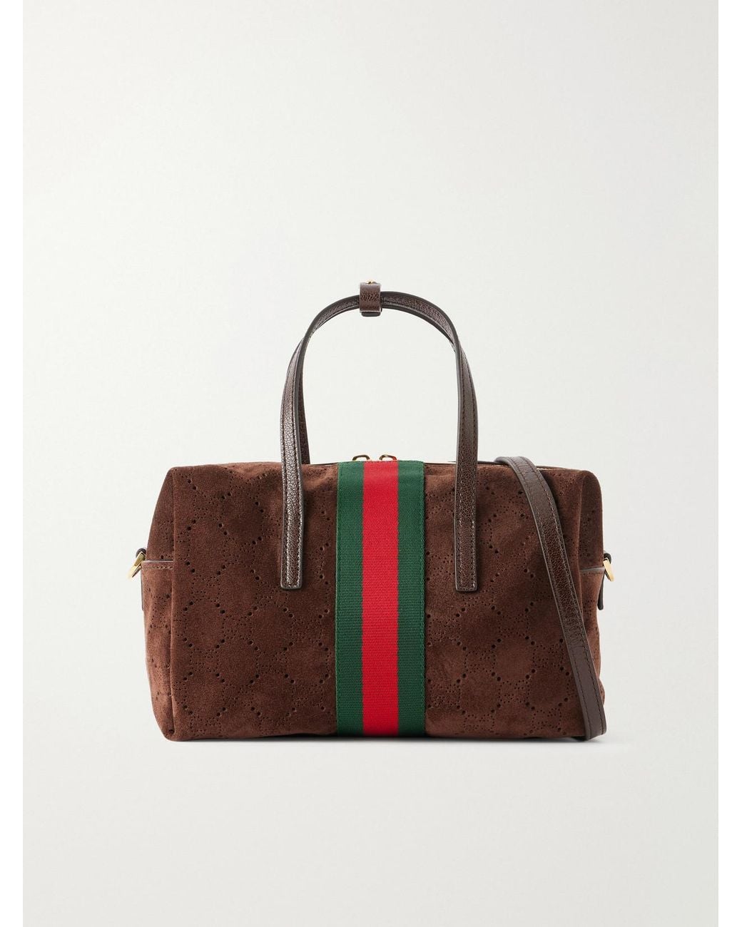 Gucci Red Essence Web And Leather-Trimmed Perforated Suede Shoulder Bag