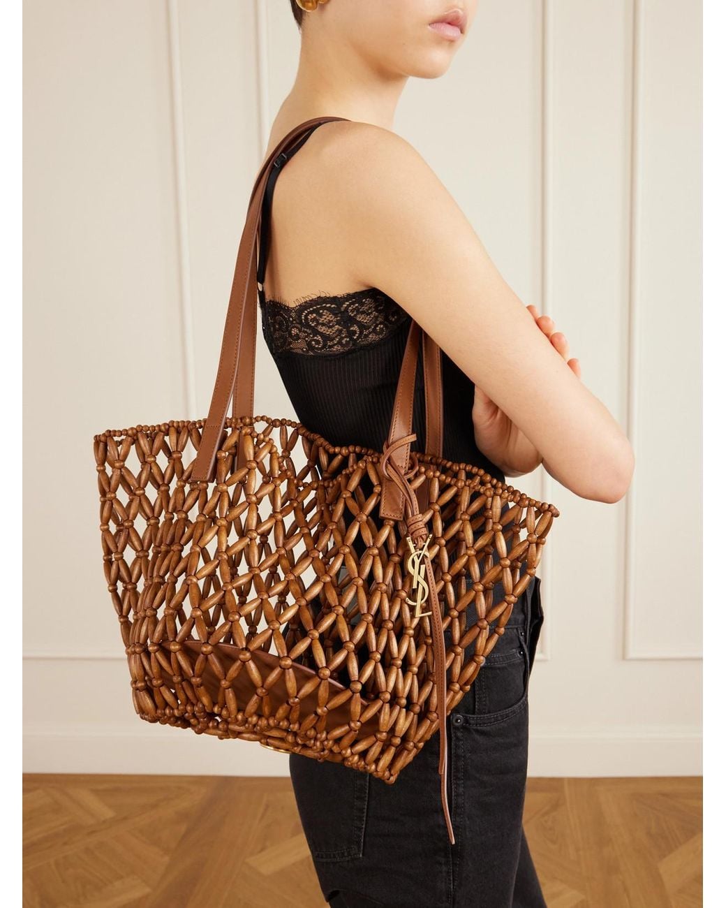 Saint Laurent Pink Panier Small Leather-Trimmed Beaded Wood Tote