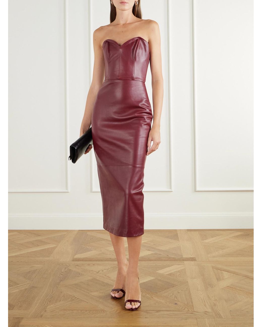 Alex Perry Red Bustier Paneled Leather Midi Dress